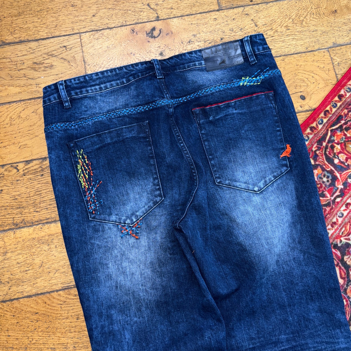 Vintage Blue Embroidered Y2K Hip Hop Skinny Jeans - 36R