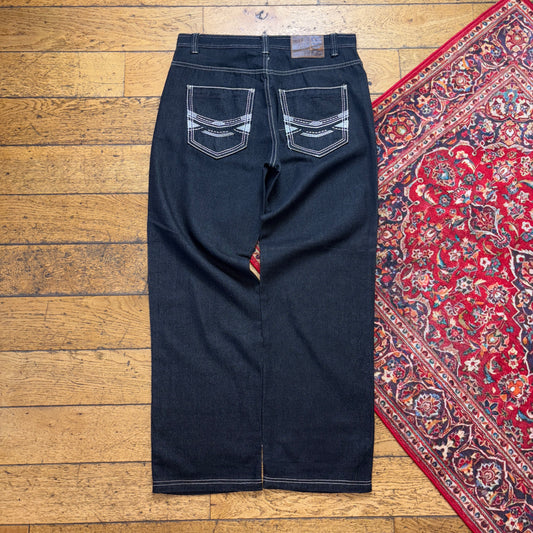 Vintage Black Embroidered Y2K Hip Hop Baggy Jeans - 36L