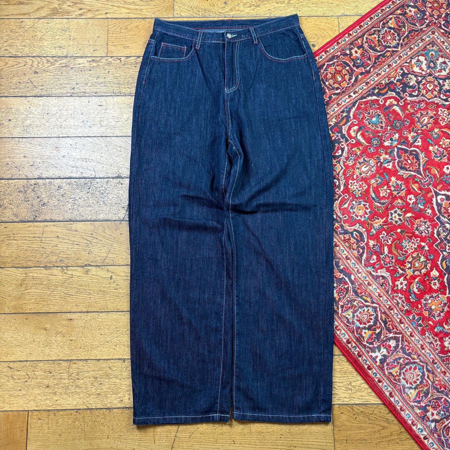 Vintage Blue Skull Embroidered Y2K Hip Hop Baggy Jeans - 34