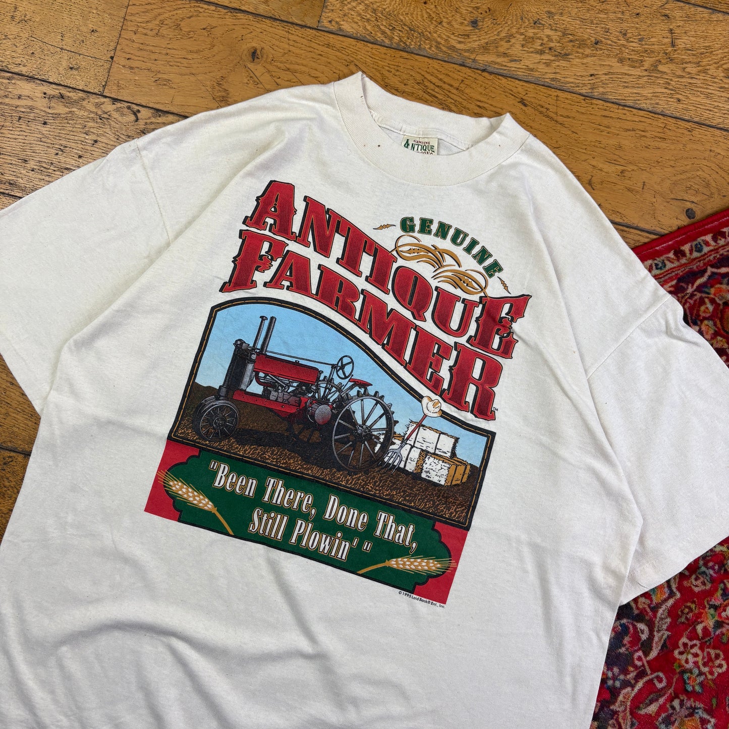 Vintage 1995 Funny Farmers Plowing White Single Stitch Graphic T-Shirt - XL