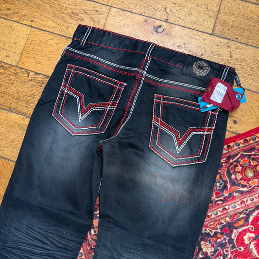 Vintage Navy Blue Grey Embroidered Y2K Hip Hop Straight Jeans - 36R
