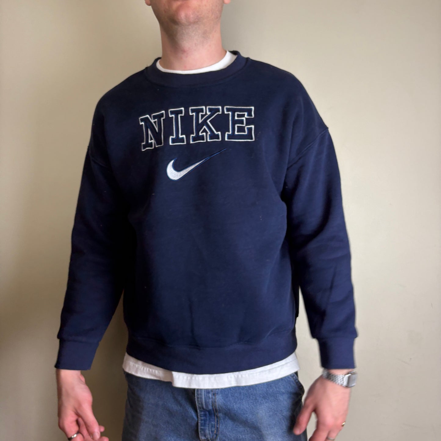 Vintage Nike Navy Spellout Swoosh Embroidered Sweatshirt - M