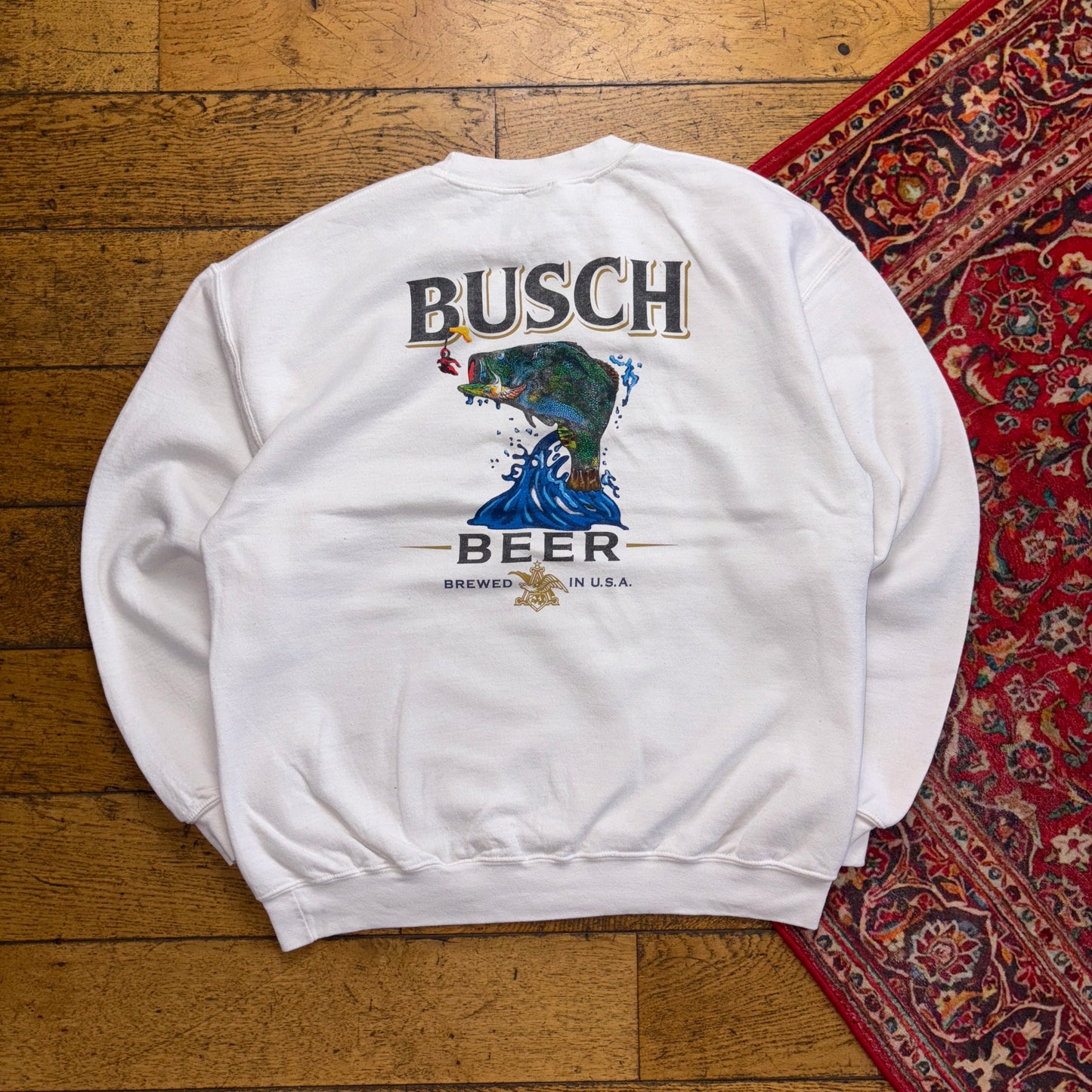 Vintage Busch Beer Fish White Graphic Sweatshirt - L