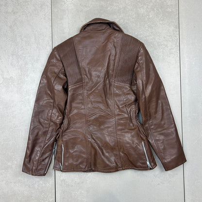 Vintage Y2K Brown Genuine Leather Bomber Trench Jacket - Size 8