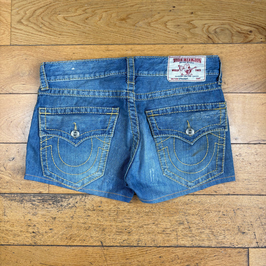 Vintage True Religion Womens Blue Micro Embroidered Y2K Shorts Jorts - Size 14