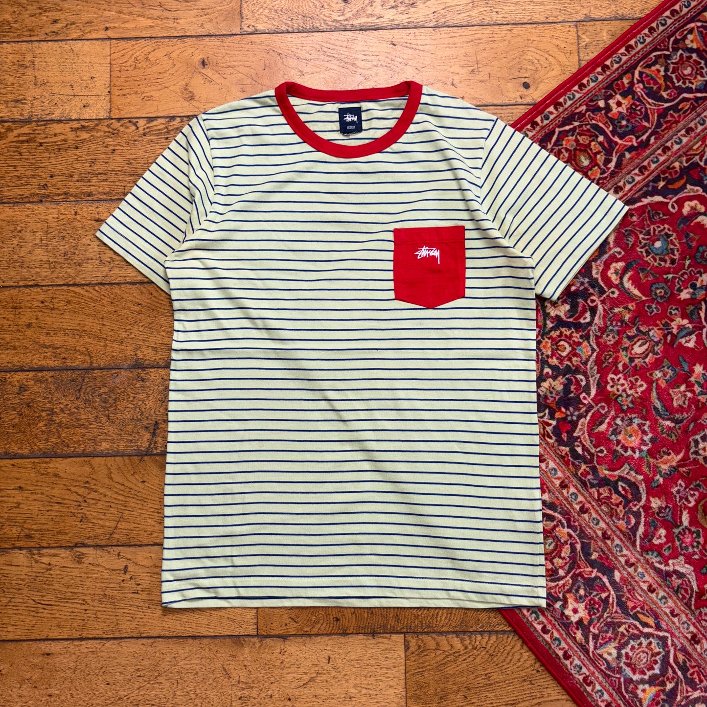 Vintage Stussy Green Stripe Embroidered T-Shirt - S