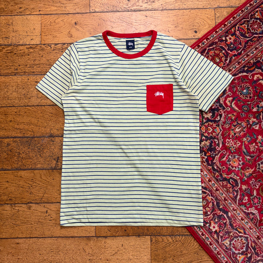 Vintage Stussy Green Stripe Embroidered T-Shirt - S