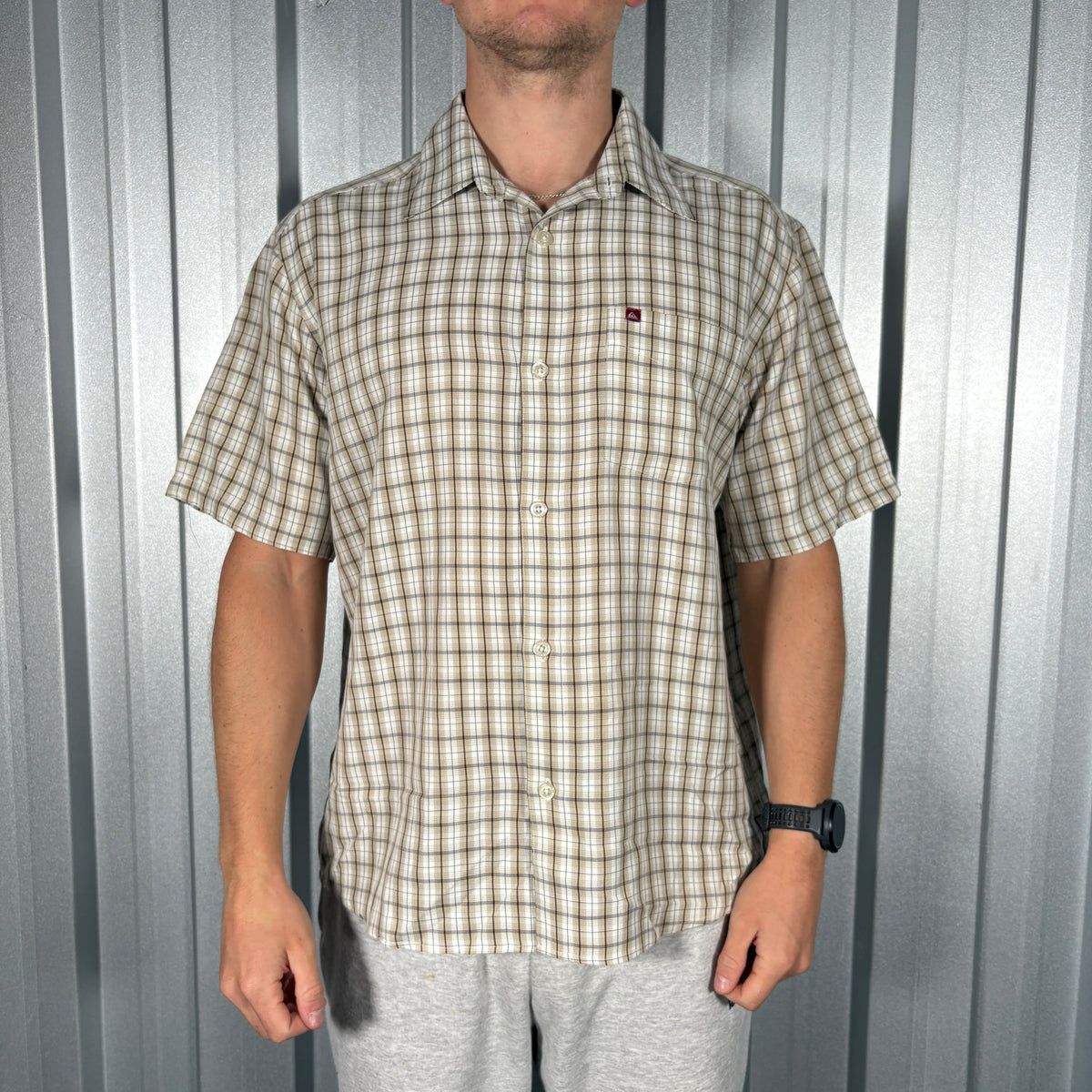 Quiksilver Surfwear Cream Plaid Check Short Sleeve Shirt - M