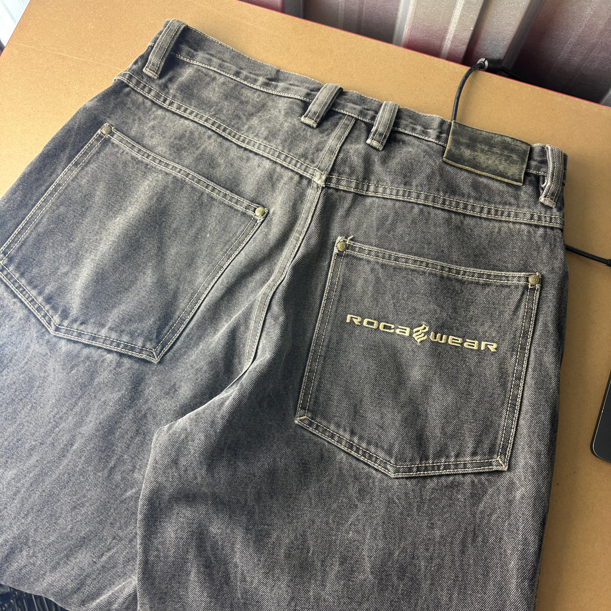 Rocawear Washed Black Embroidered Japanese Denim Hip Hop Y2K Baggy Jeans - 34L