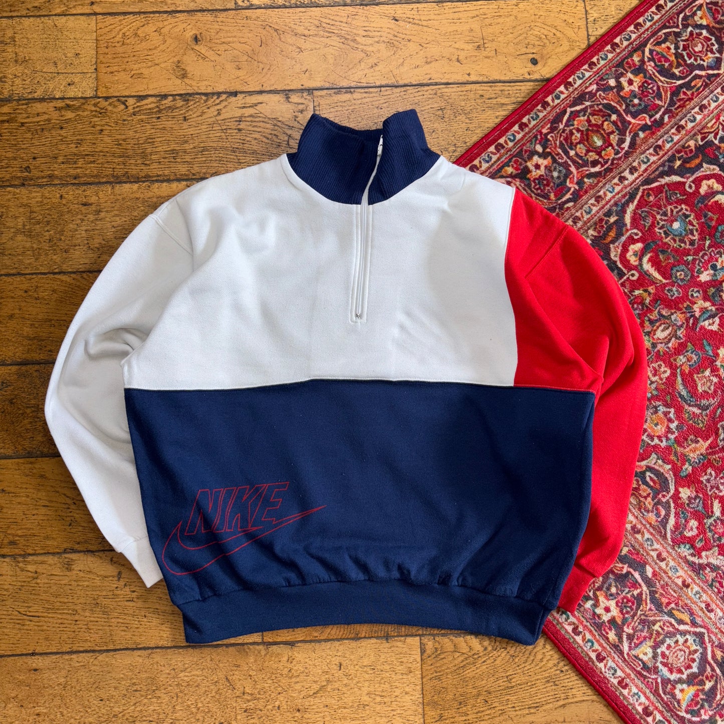 Vintage Nike Colour Block White Navy Zip Sweatshirt - L
