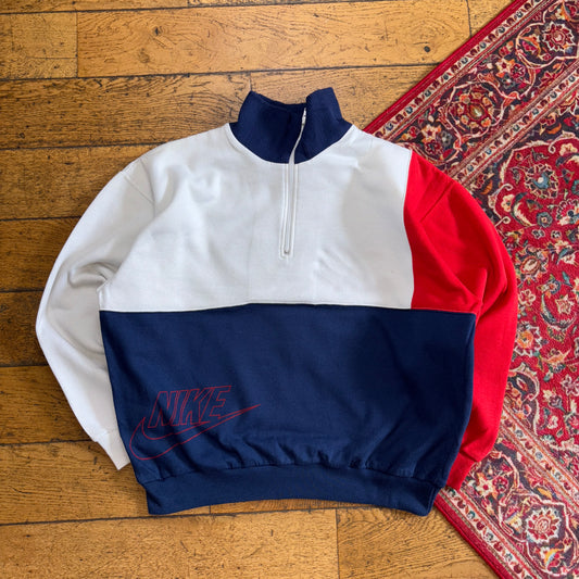 Vintage Nike Colour Block White Navy Zip Sweatshirt - L