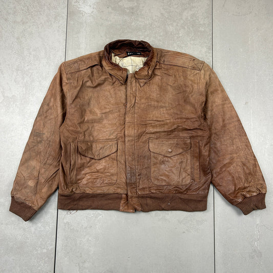 Vintage Aviator Pilot Flight Style Brown Genuine Leather Bomber Jacket - L