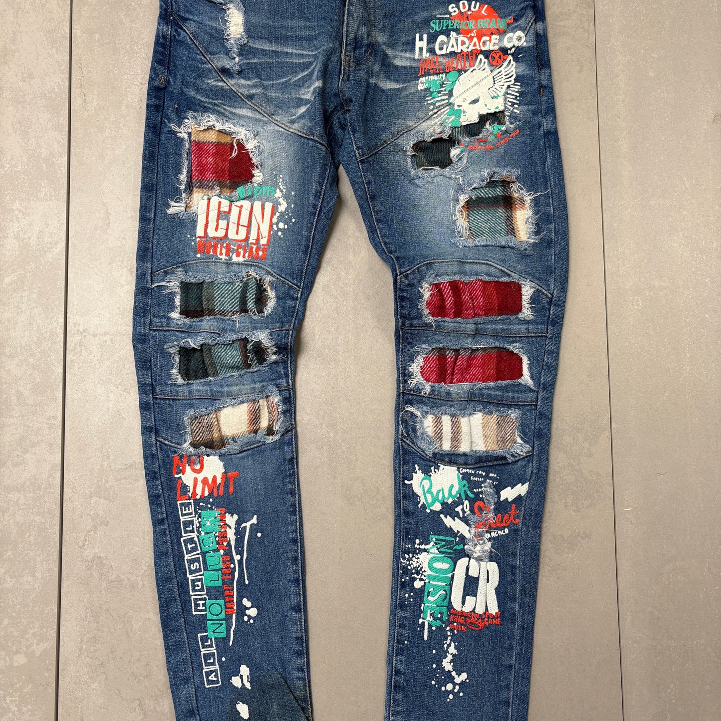 Vintage Embroidered Hip Hop Skinny Blue Jeans - 32