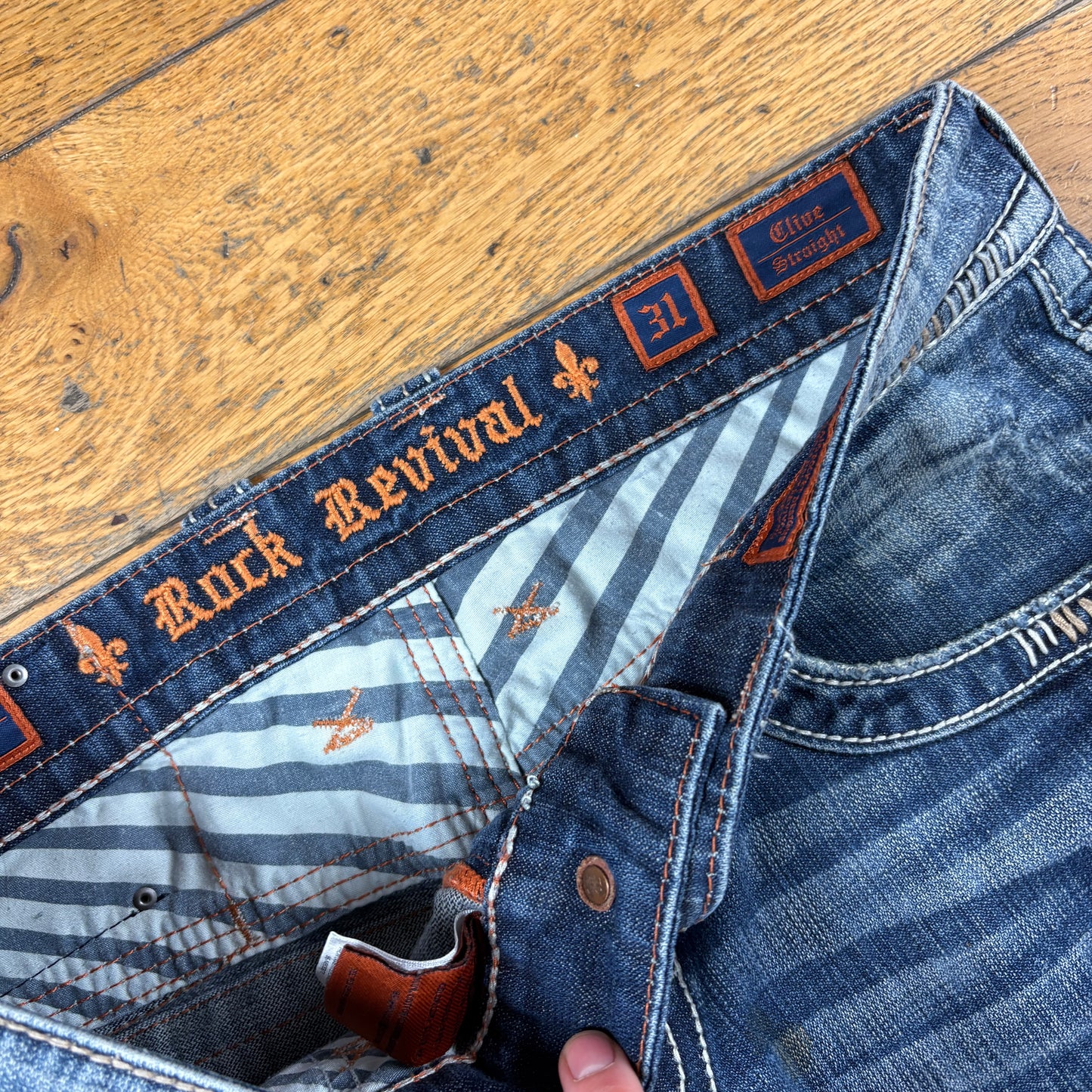 Vintage Rock Revival Blue Embroidered Y2K Hip Hop Straight Jeans - 36