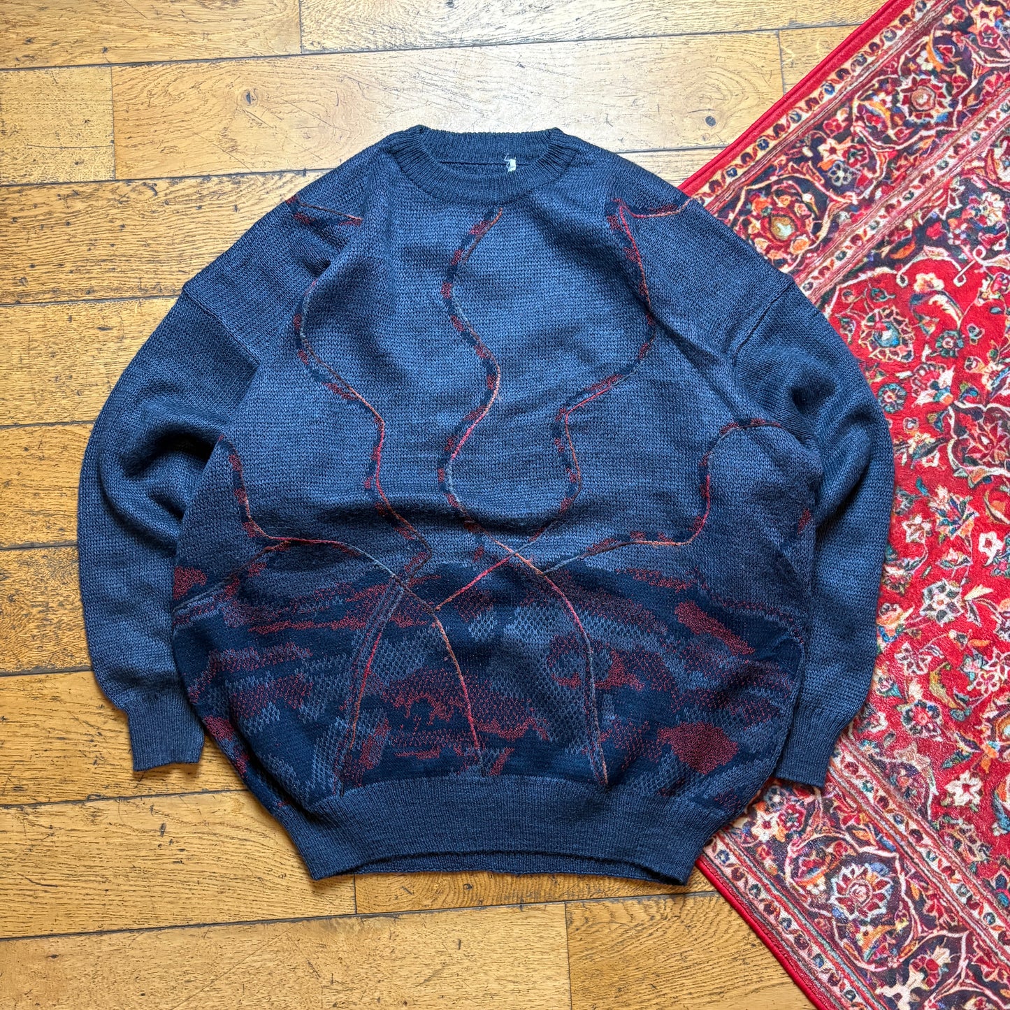 Vintage Navy Pattern Chunky Knit Jumper - 2XL