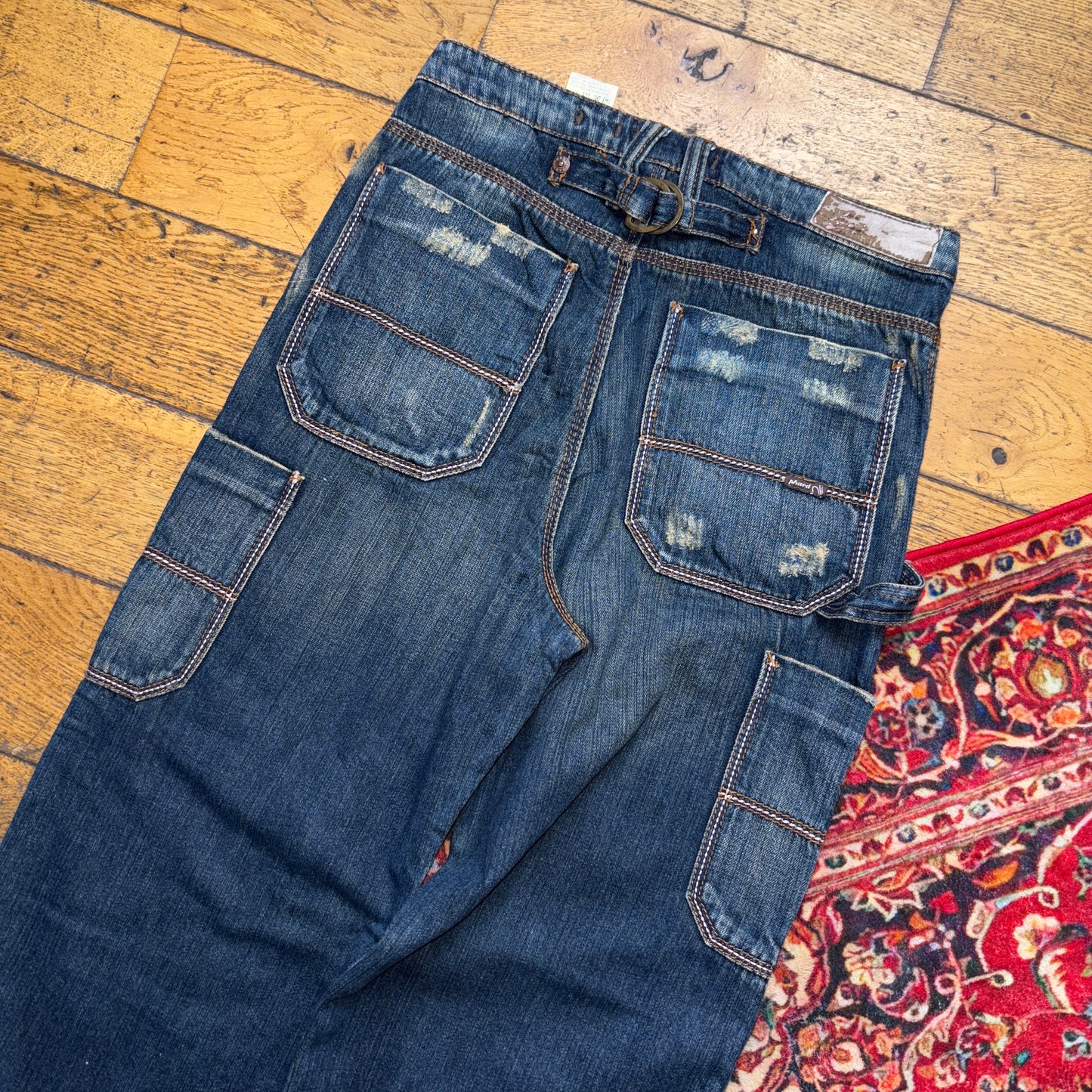 Vintage Dark Blue Cargo Embroidered Y2K Hip Hop Baggy Jeans - 30R