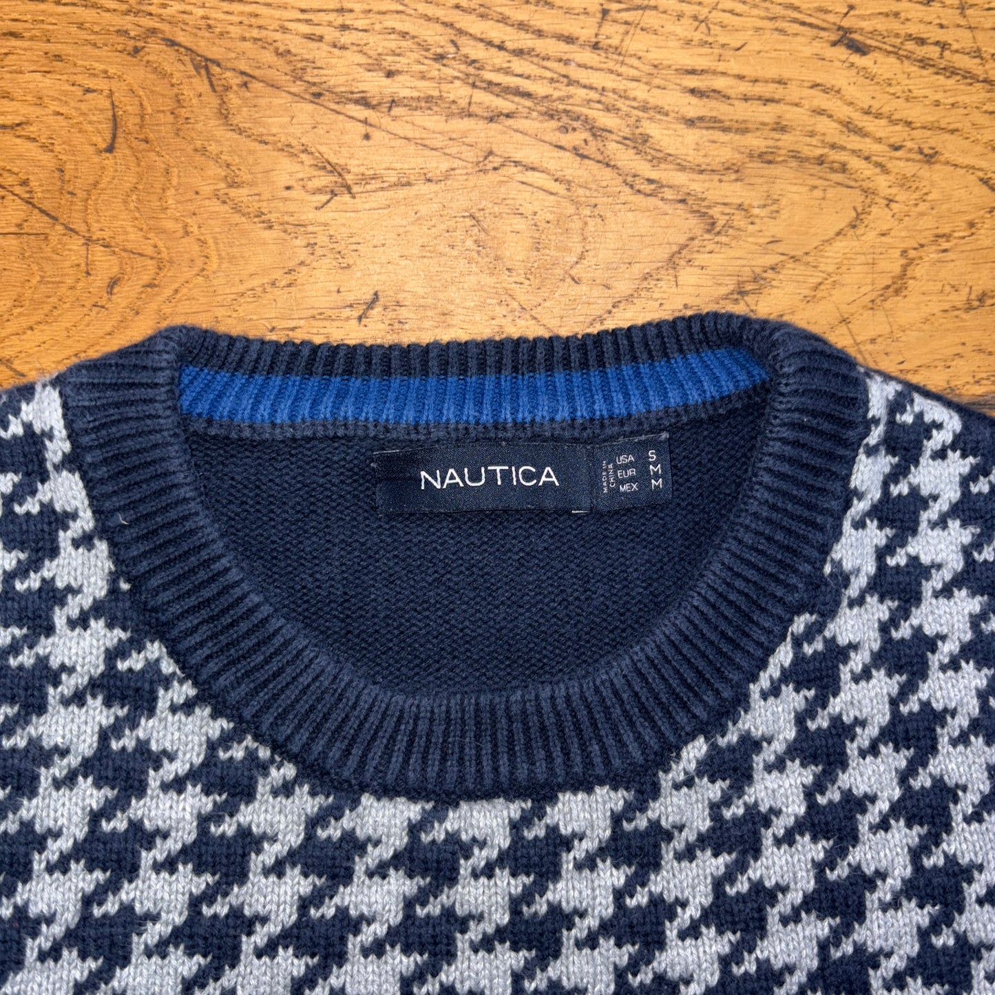 Vintage Nautica Navy Funky Check Embroidered Knit Jumper - S