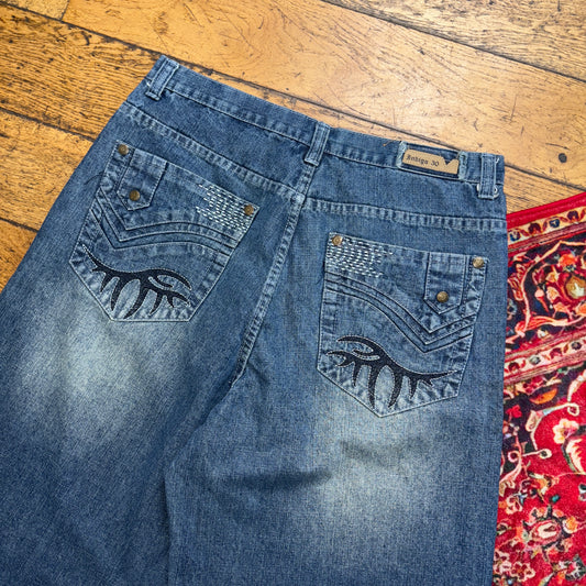 Vintage Indigo 30 Blue Embroidered Y2K Hip Hop Baggy Jeans Shorts Jorts - 34