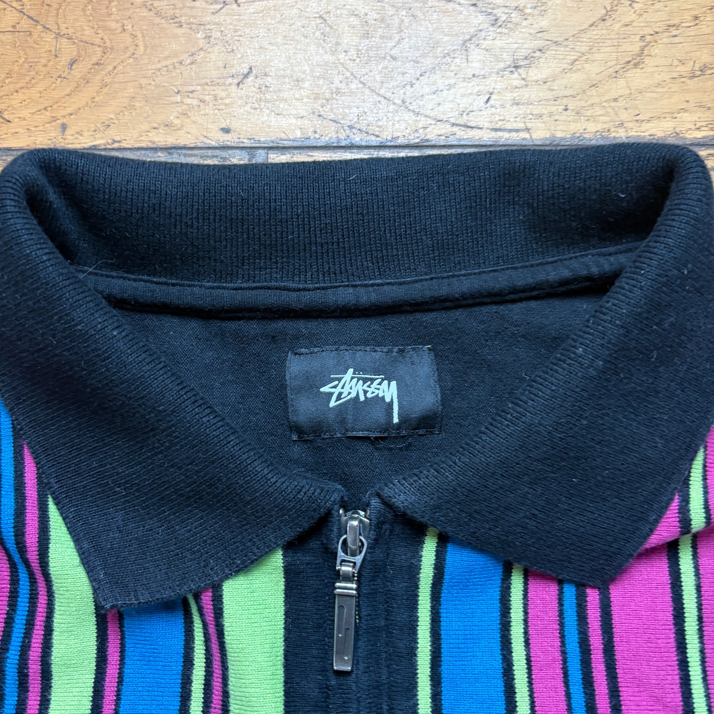 Vintage Stussy Black Stripe Zip Polo Rugby Shirt - M