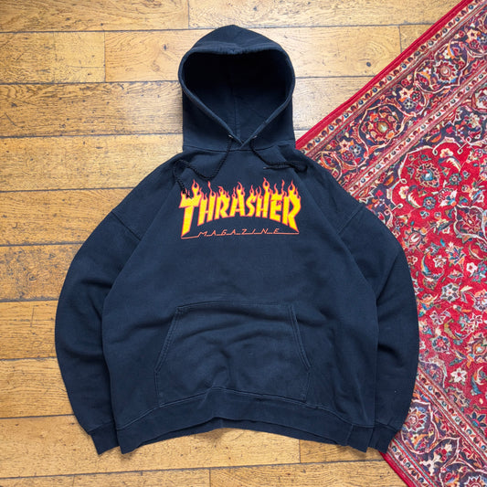 Vintage Thrasher Flames Black Skate Hoodie Sweatshirt - XL