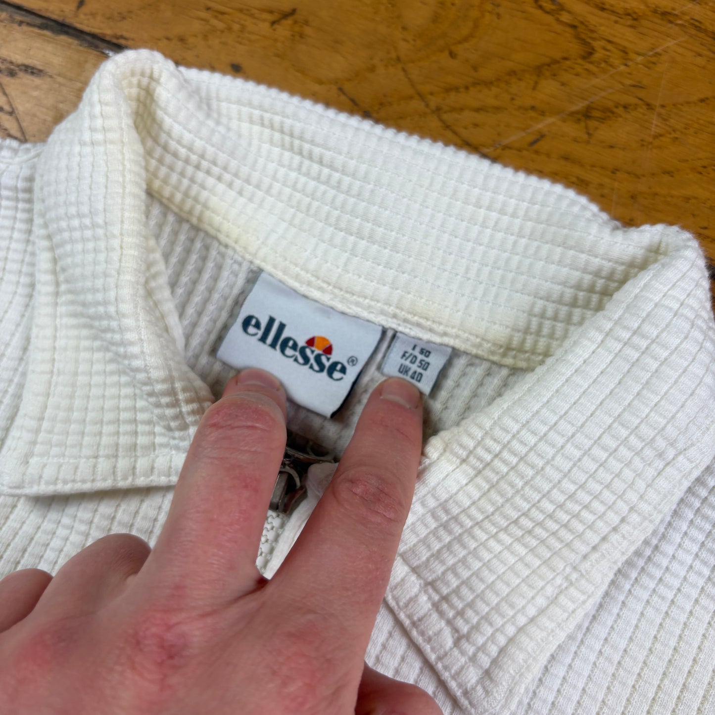 Vintage Ellesse White Waffle Polo T Shirt - L