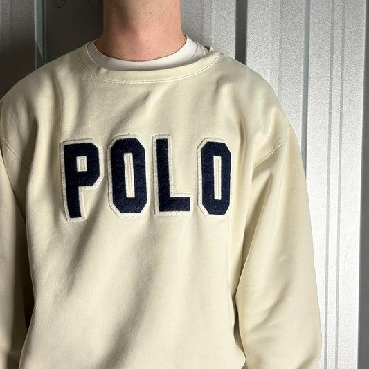 Vintage Ralph Lauren Cream White Polo Sport Embroidered Sweatshirt - L