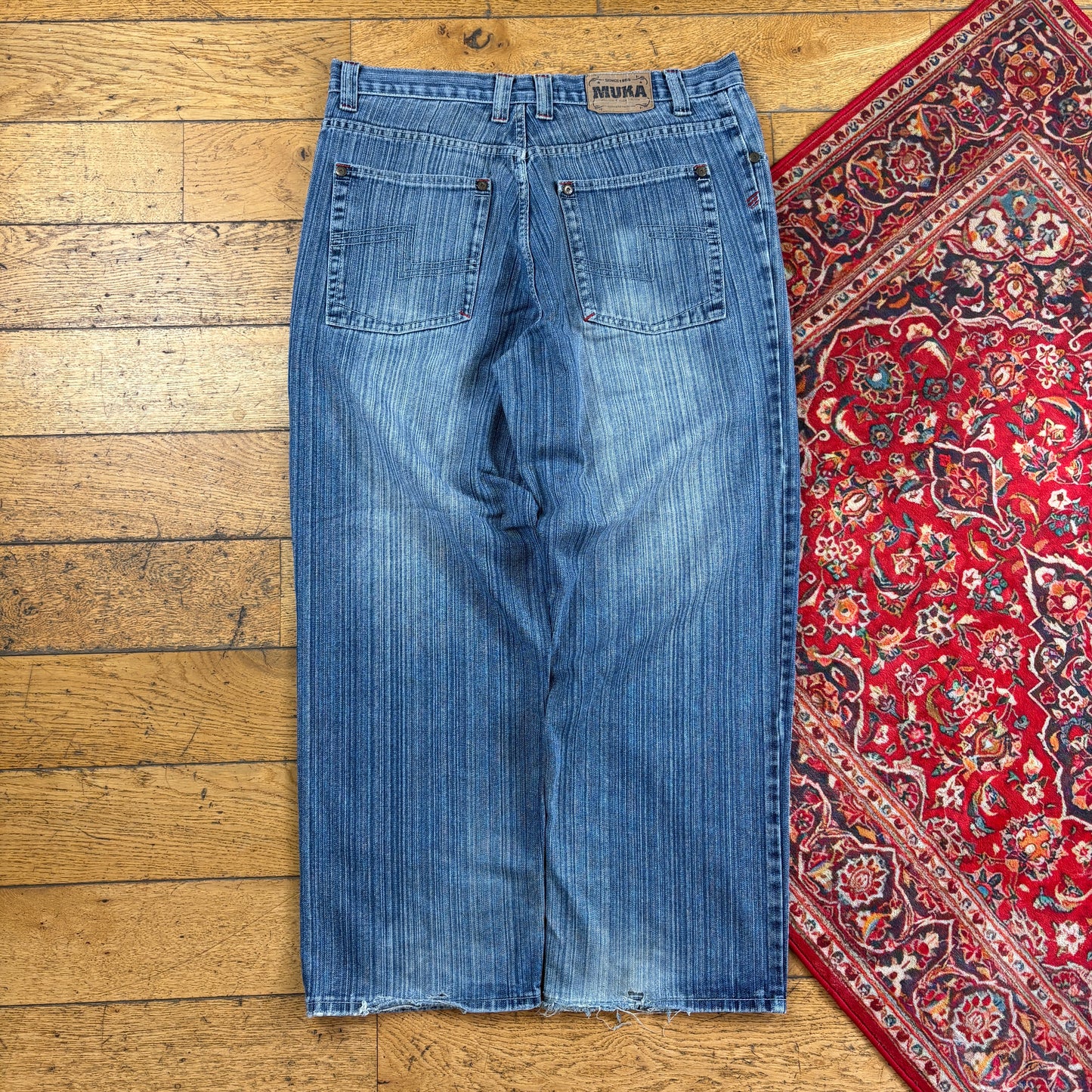 Vintage Muka Blue Pinstripe Embroidered Y2K Hip Hop Baggy Jeans - 38