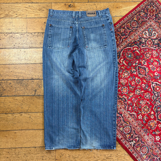 Vintage Muka Blue Pinstripe Embroidered Y2K Hip Hop Baggy Jeans - 38