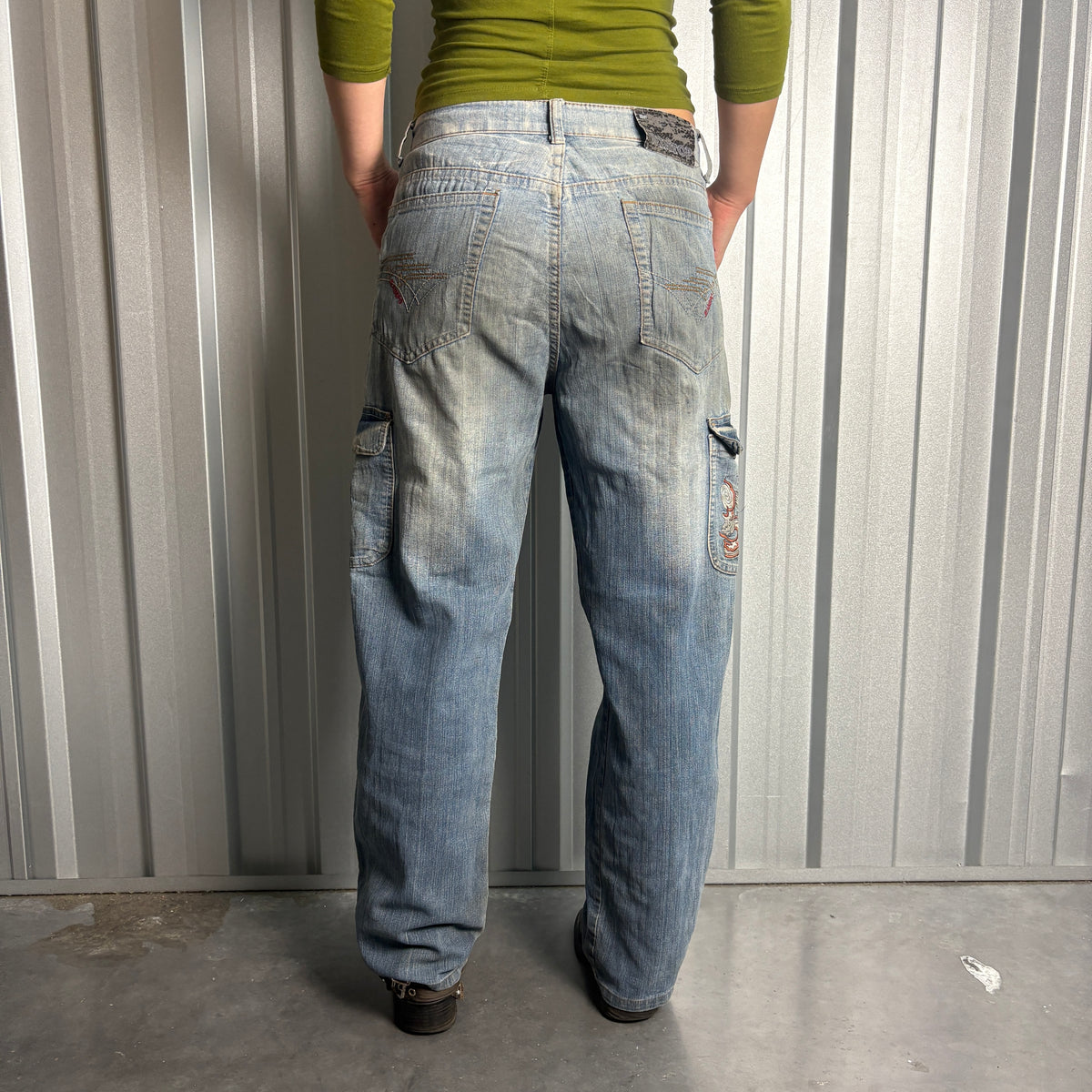 Embroidered Blue Cargo Japanese Denim Hip Hop Y2K Baggy Jeans - 32S