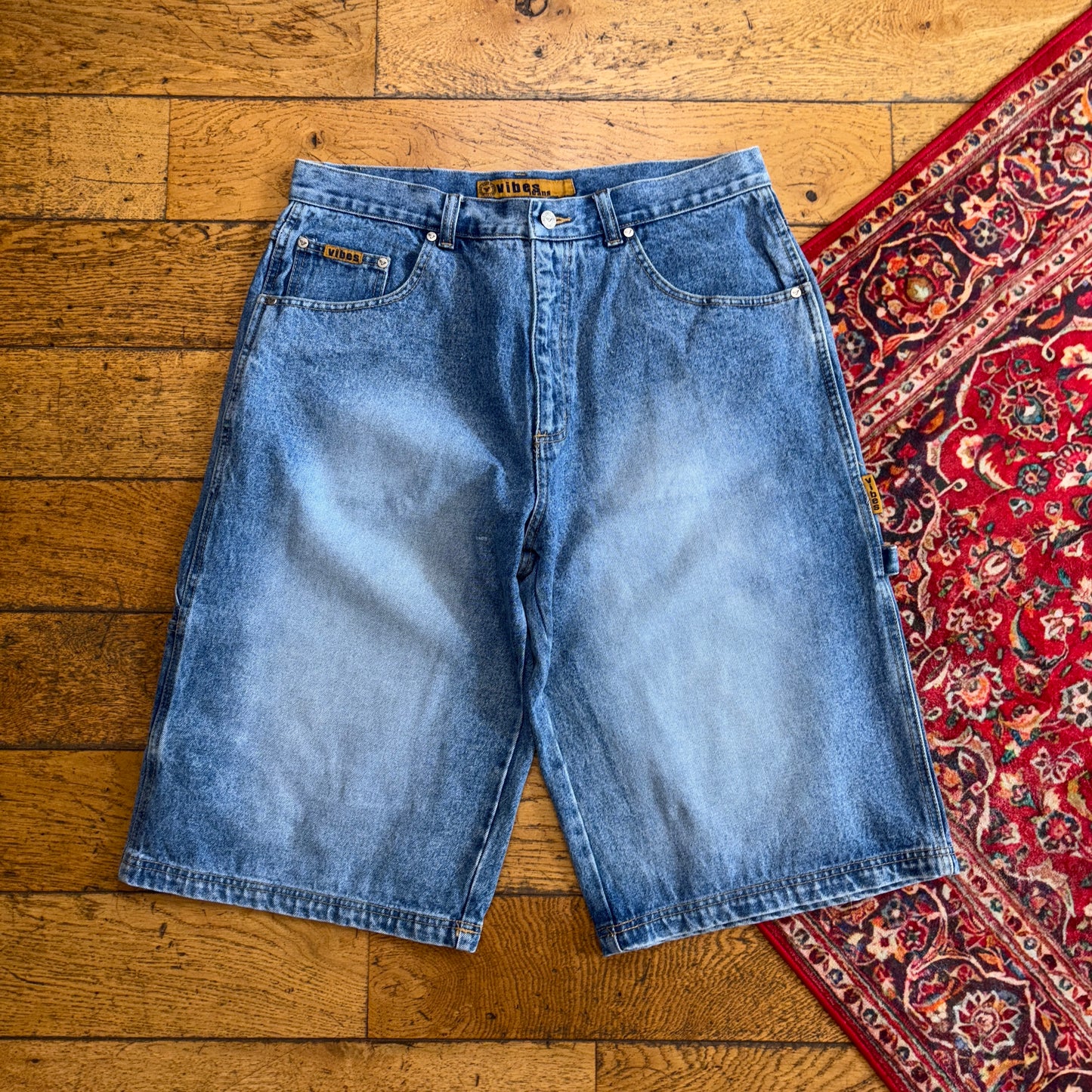 Vintage Vibes Embroidered Hip Hop Baggy Blue Shorts Jorts - 36