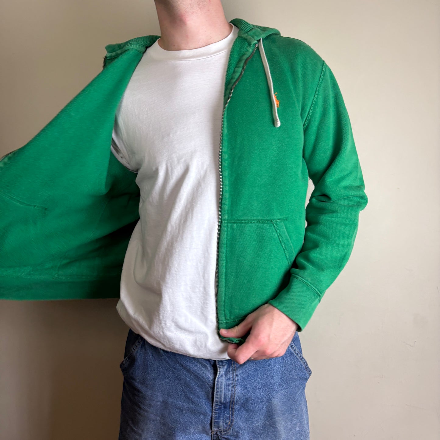 Vintage Ralph Lauren Green Zip Hoodie Embroidered Sweatshirt - L