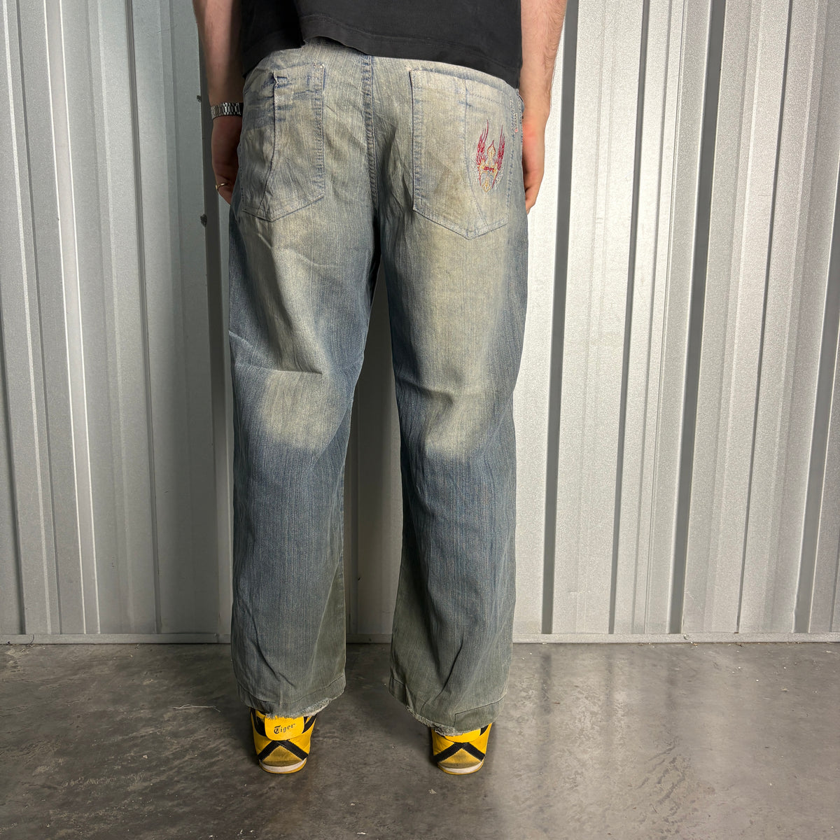 Embroidered Blue Crucifix Japanese Denim Hip Hop Y2K Baggy Jeans - 34S
