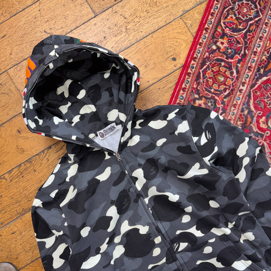 Vintage BAPE Bathing Ape Shark Camo Grey Black Hoodie Embroidered Sweatshirt - S
