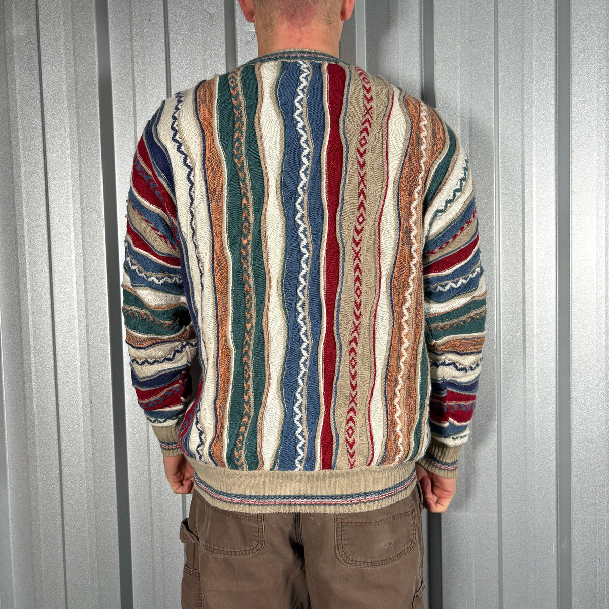Coogi Style Cream Red Pattern Funky Knit Jumper - L