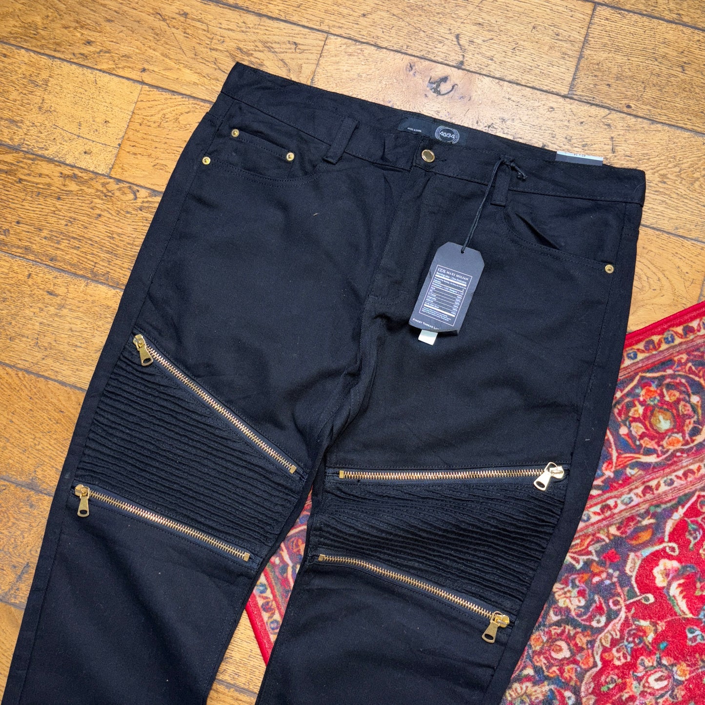 Vintage Black Moto Grunge Embroidered Y2K Hip Hop Straight Jeans - 40L
