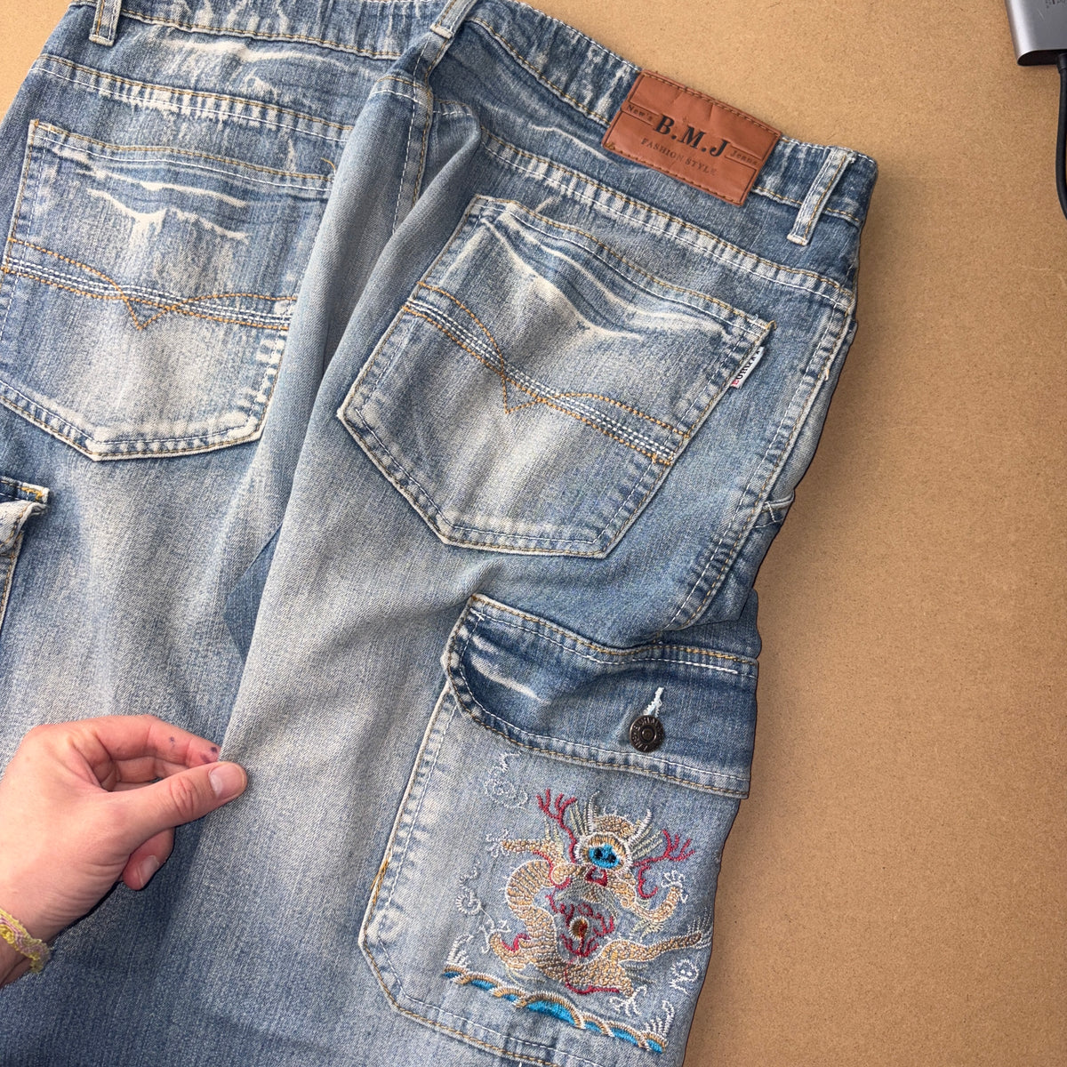 Embroidered Blue Cargo Japanese Denim Hip Hop Y2K Baggy Jeans - 34S