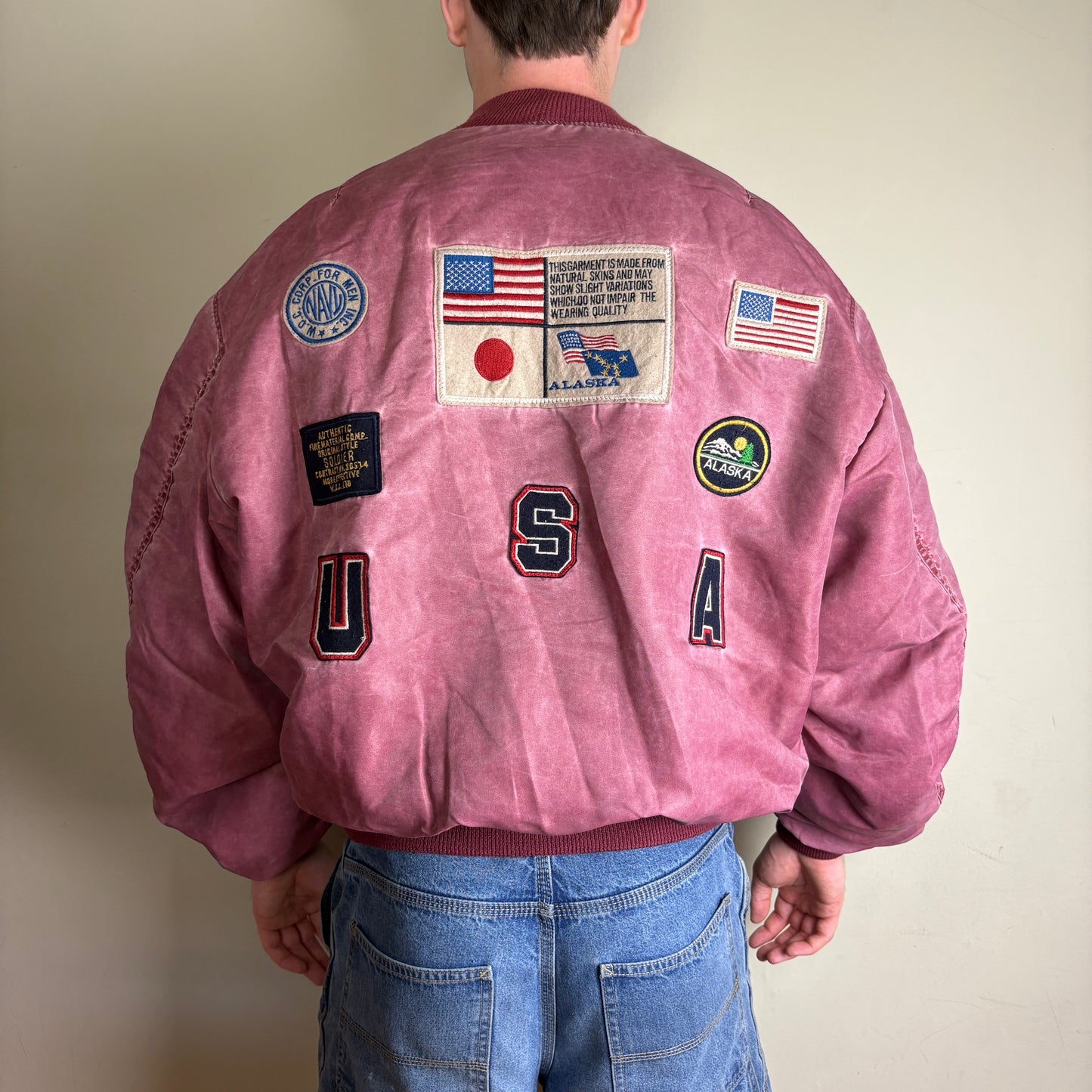 Vintage Pink Burgundy Embroidered Bomber Jacket - XL