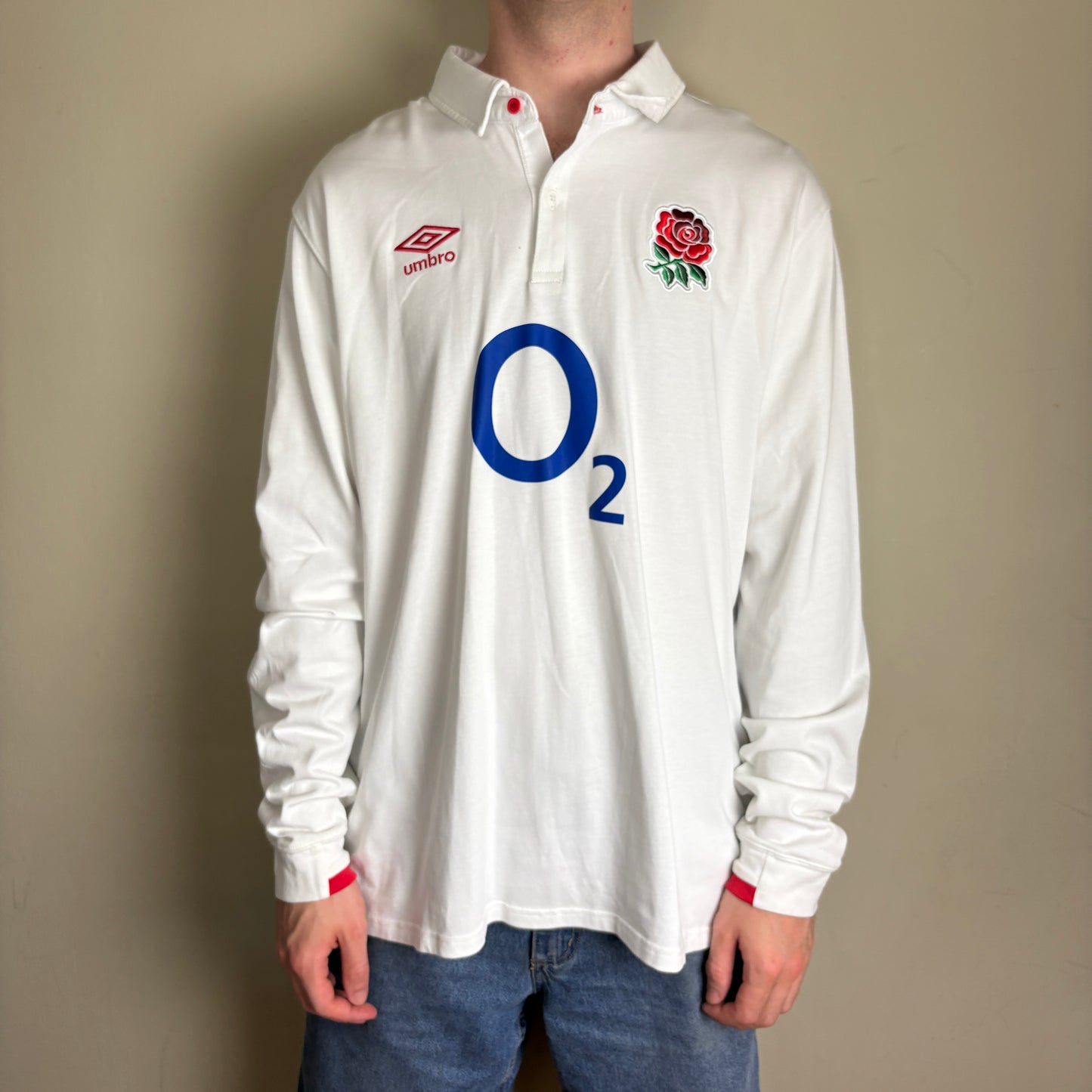 Vintage England Rugby Long Sleeve Umbro White Rugby Polo Shirt - 3XL
