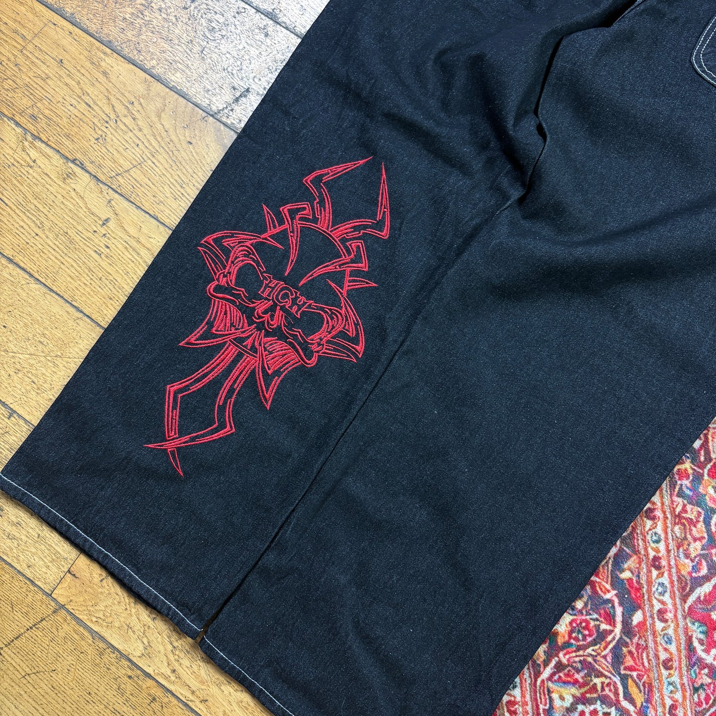 Vintage Black Embroidered Y2K Hip Hop Baggy Jeans - 36