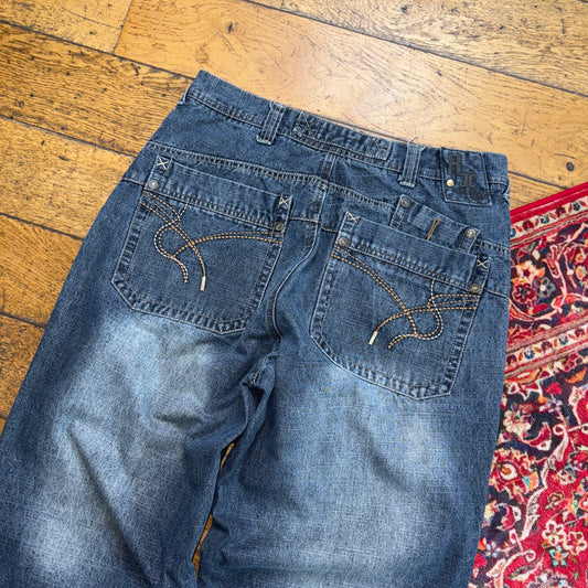 Vintage Embroidered Y2K Blue Hip Hop Baggy Shorts Jorts - 34
