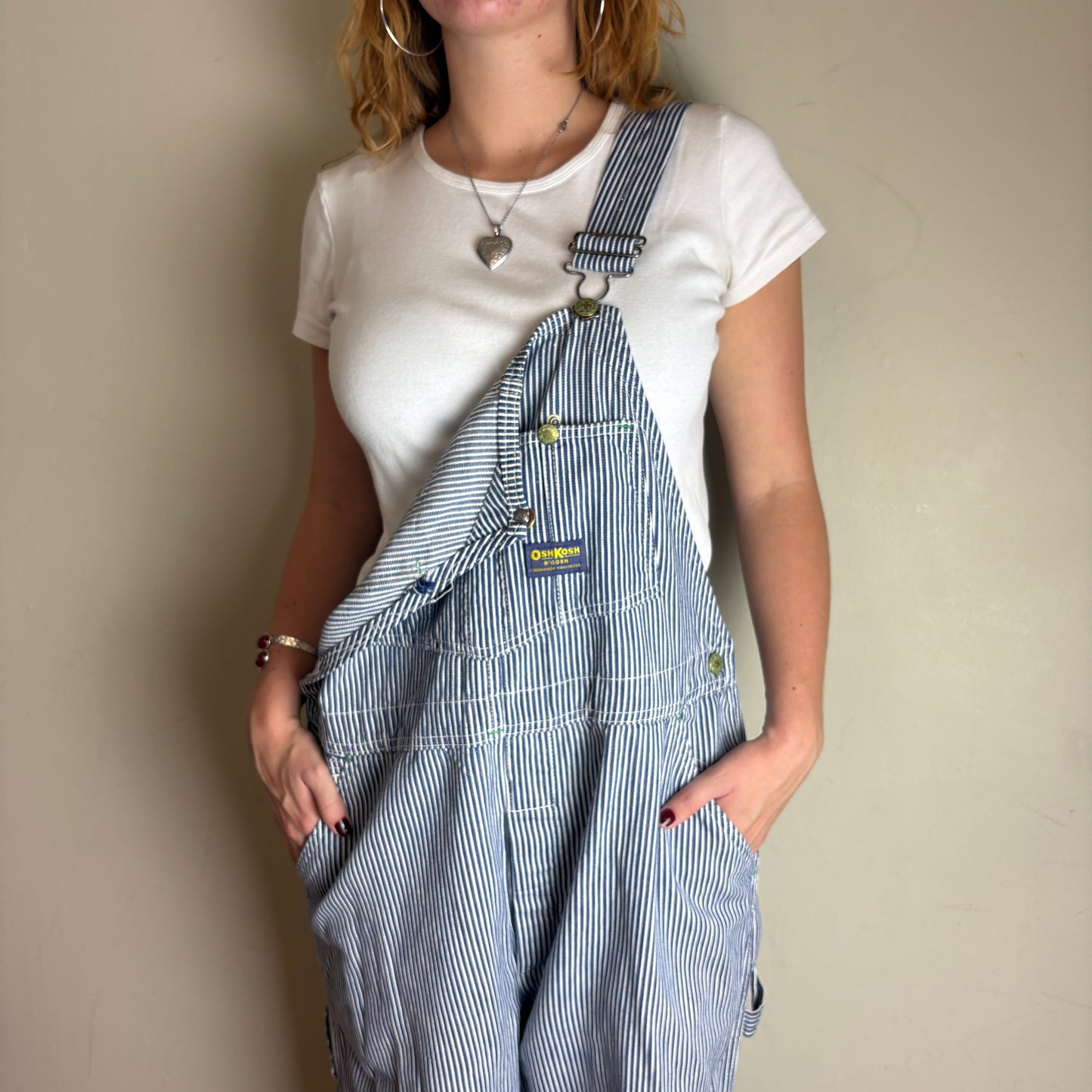Vintage Osh Kosh Pinstripe Blue White Workwear Dungarees Overalls - M
