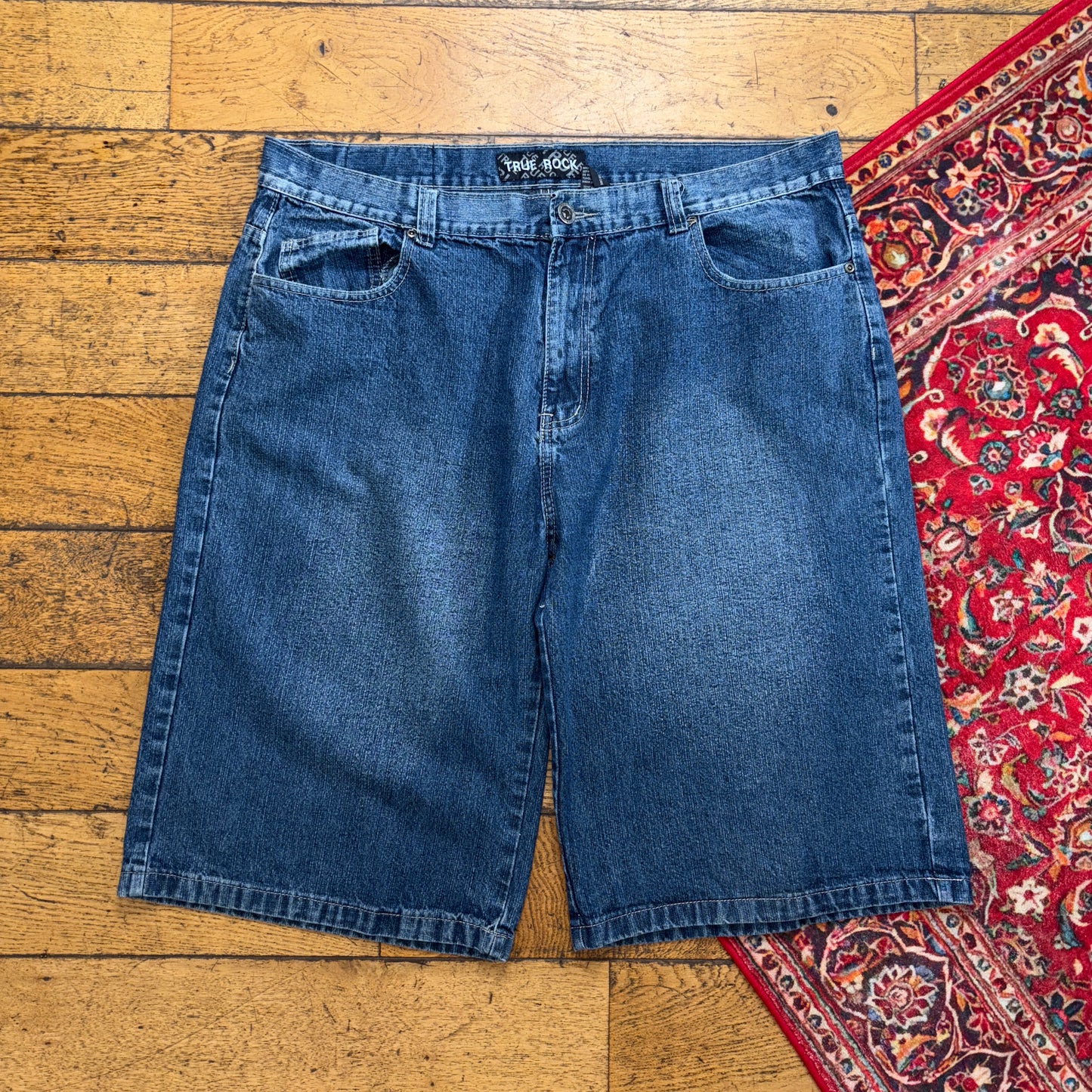 Vintage True Rock Blue Embroidered Y2K Hip Hop Baggy Jeans Shorts Jorts - 42