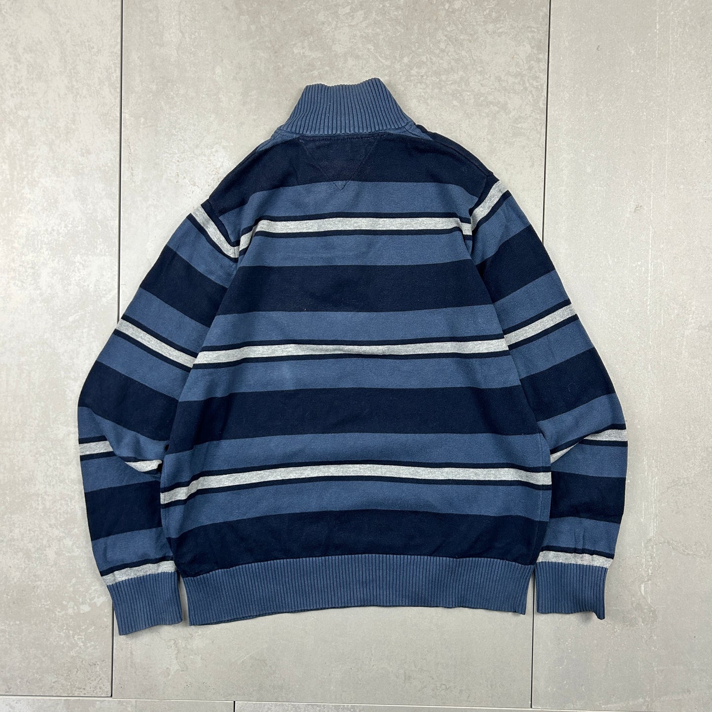 Vintage Tommy Hilfiger Striped Quarter Zip Chunky Knit Blue Jumper - L