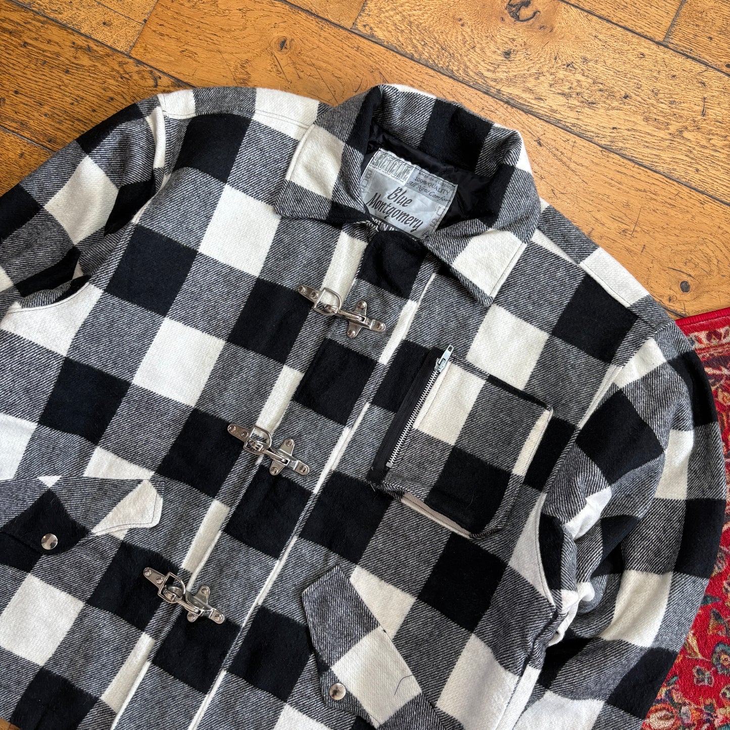 Vintage Black White Check Wool Fireman Clasp Jacket - L