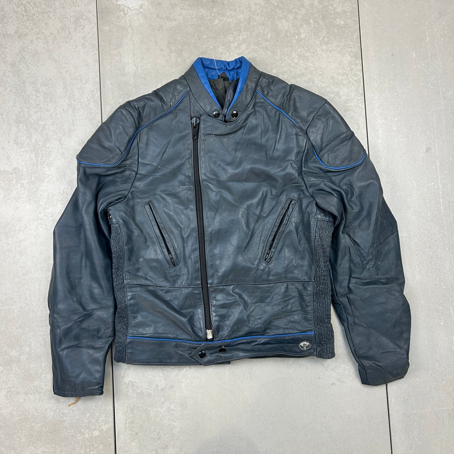 Vintage Grey Blue Biker Motorbike Genuine Leather Bomber Jacket - S