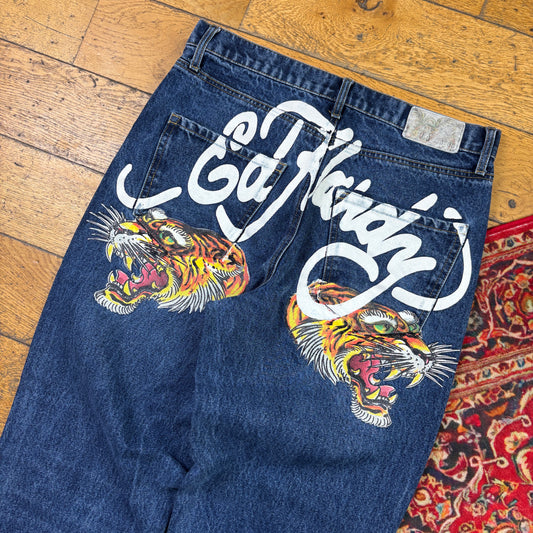 Vintage Ed Hardy Blue Tiger Y2K Hip Hop Baggy Jeans - 34