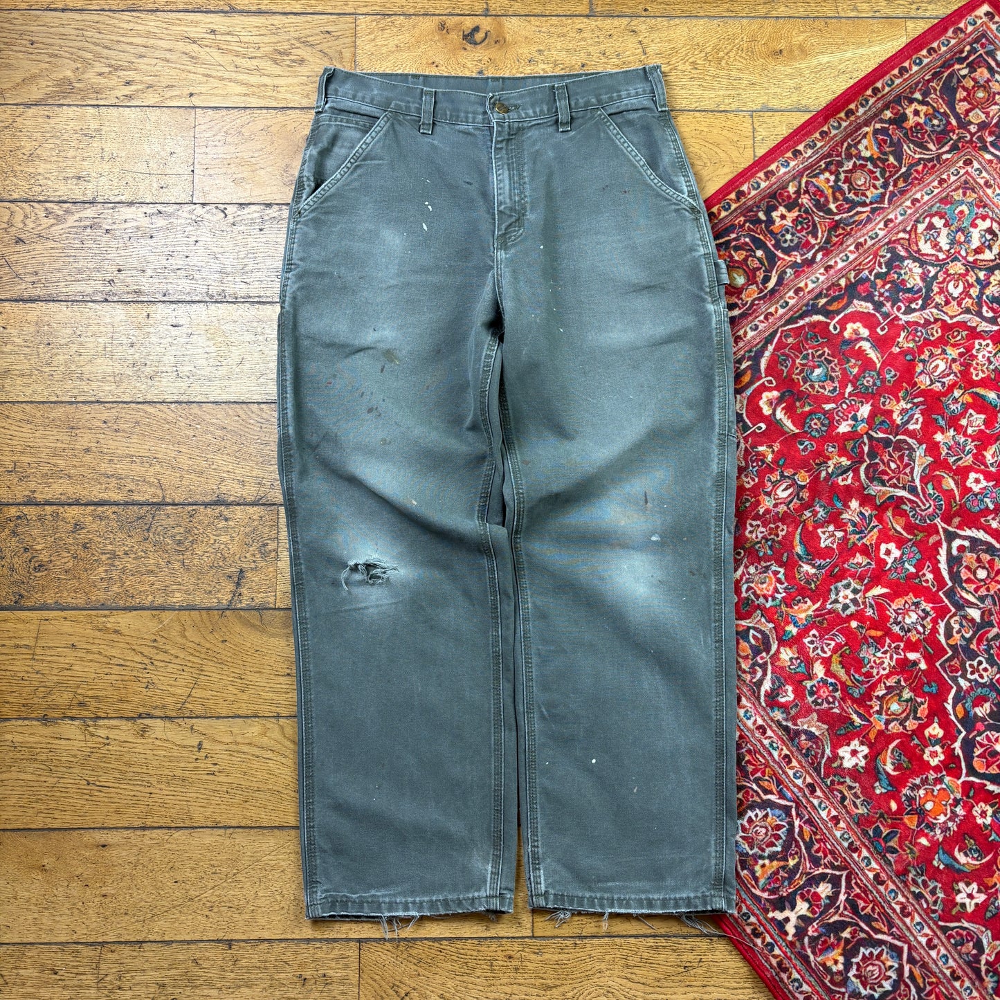 Vintage Carhartt Green Khaki Workwear Carpenter Baggy Trousers - 34