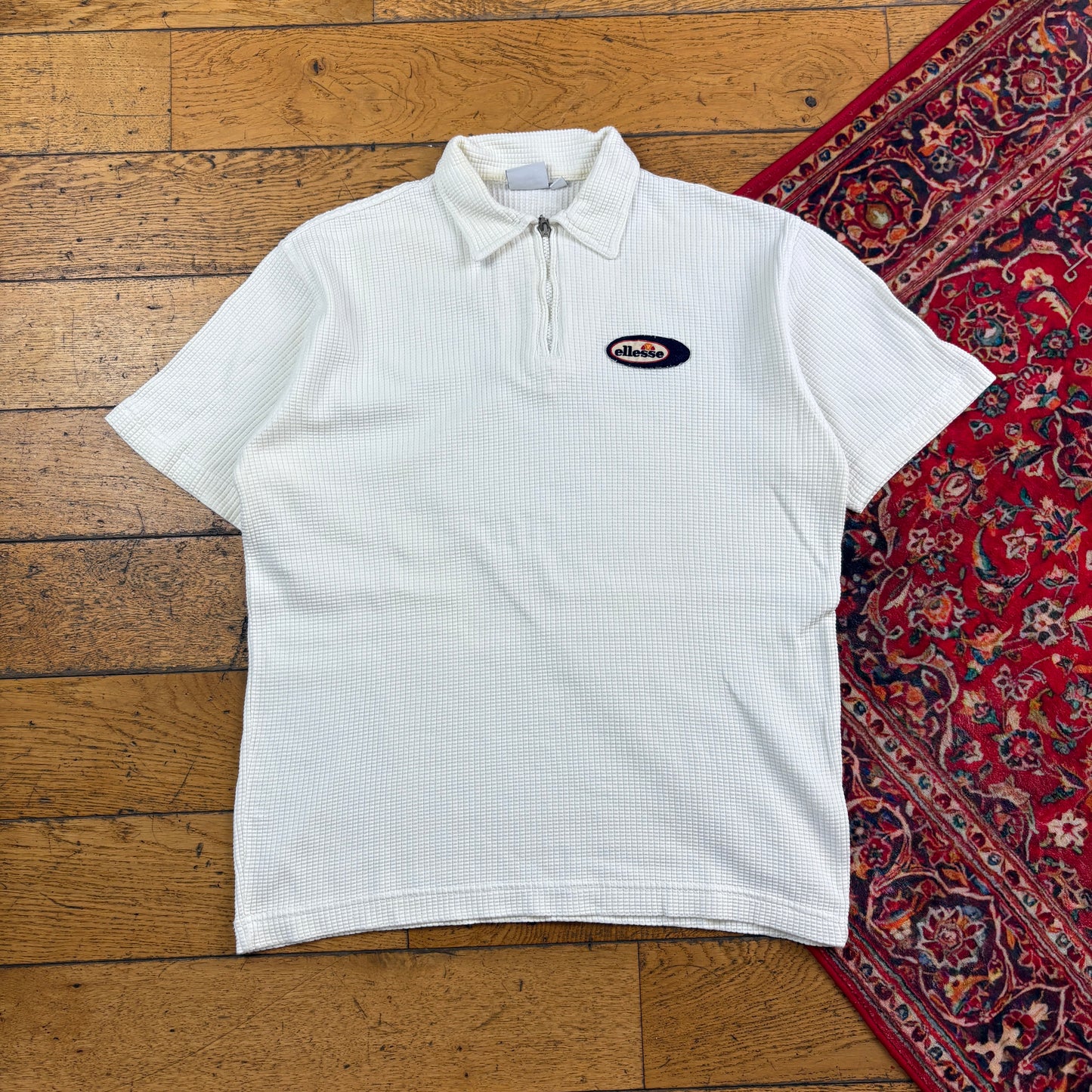 Vintage Ellesse White Waffle Polo T Shirt - L