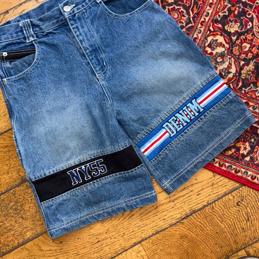 Vintage NY55 Embroidered Hip Hop Baggy Blue Shorts Jorts - 28