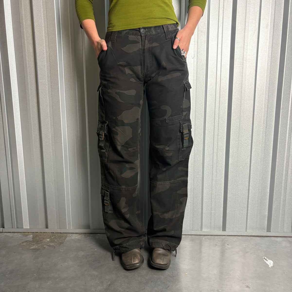 Black Camo Baggy Y2K Cargo Trousers - 28L